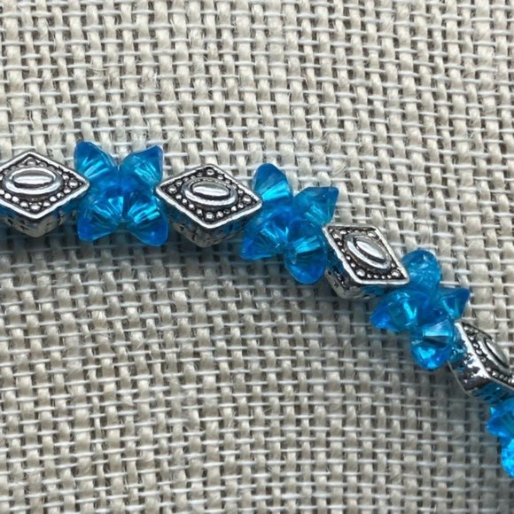 Toggle Bracelet 8 In Silver Diamond Flower Cyan Blue Faceted Bead Retro Cottage - Picture 3 of 5